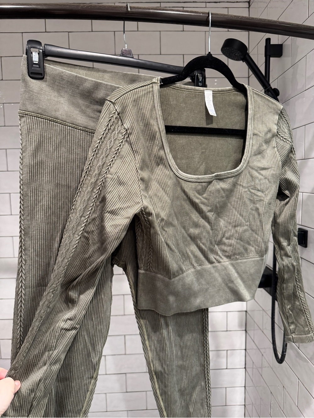 Aerie Offline Ribbed Olive Green Long-Sleeve Crop Top & Pants Set